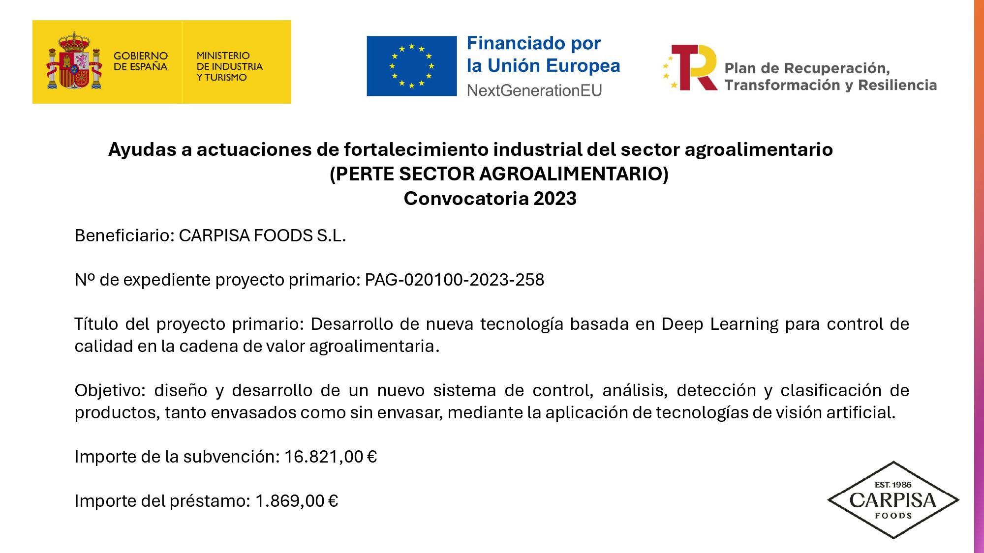 CARPISA FOODS Avanza en su Transformación Digital y Ecológica con el Respaldo del Ministerio de Industria, Comercio y Turismo a Través del Proyecto FOODECO, Impulsando la Innovación en la Industria Cárnica